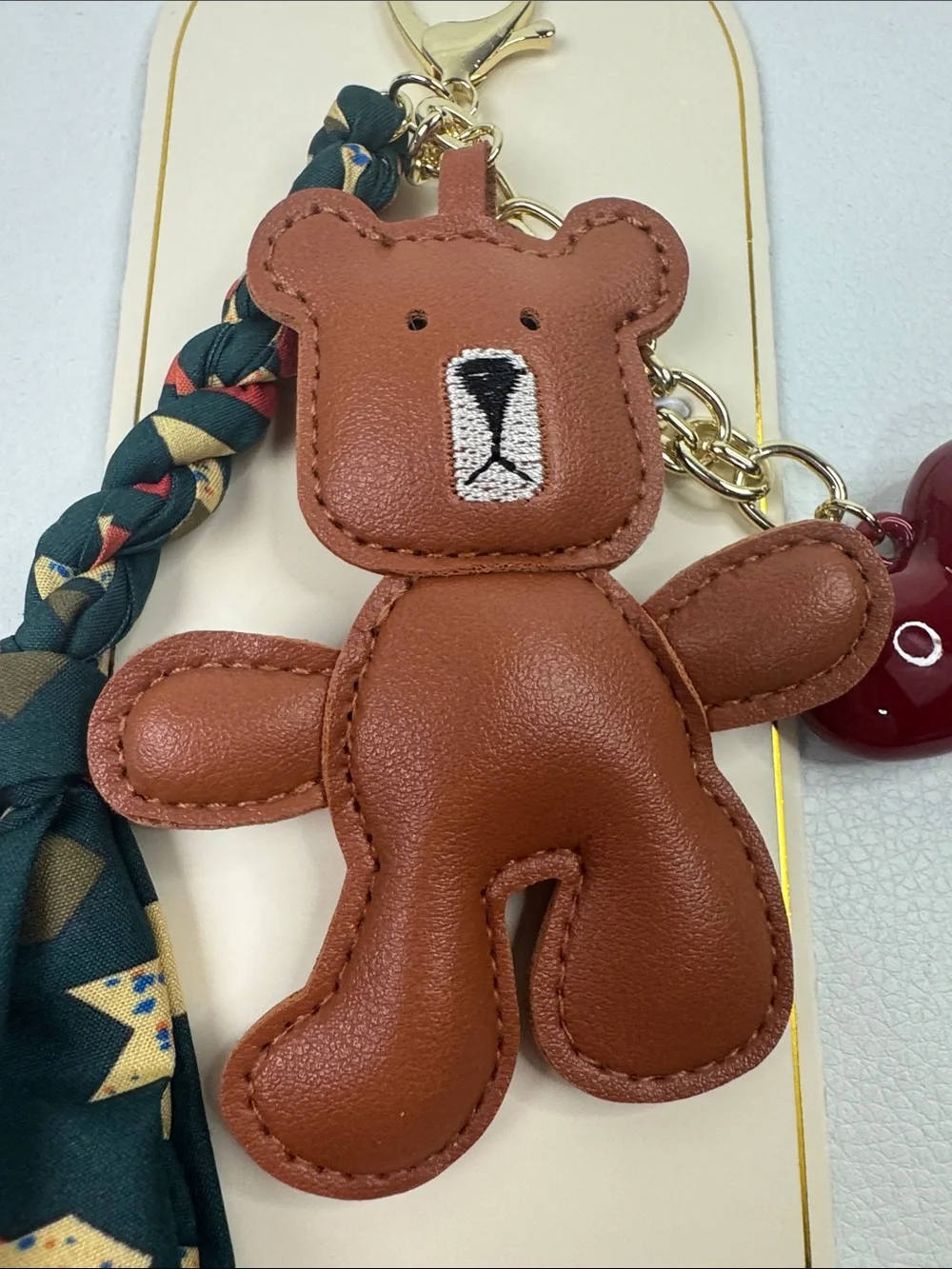 EYECANDY Brown Bear Keychain with Green Scarf Red Heart Charm Gold clip NEW NWT